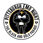 Pittsburgh Emo Night logo featuring a stylized emo penguin in a black jacket, with the text 'The Black and Gold Parade' on a banner and 'Pittsburgh Emo Night' encircling the top, decorated with skull motifs, in black and gold colors for Metalcore Night's website.