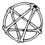 Black and white emblem for Metalcore Night, depicting a circle and an anarchy symbol made of stylized human bones, symbolizing rebellion and edginess, against a stark black background.